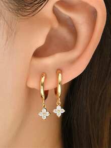 Nooxian 2 件女士耳环，铜镶嵌锆石幸运四叶草吊坠环状耳环，日常叠戴耳环，礼物 - 金黃色 - 查看 3