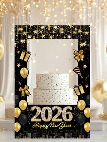1 قطعة إطار صور ورقي أسود وذهبي لعام 2026 الجديد، ديكورات رأس السنة الجديدة مع البالونات والهدايا والألعاب النارية والنجوم، لوازم احتفالات رأس السنة الجديدة، لوازم ديكور ليلة رأس السنة الجديدة، أكسسوارات صور حفلة العطلات