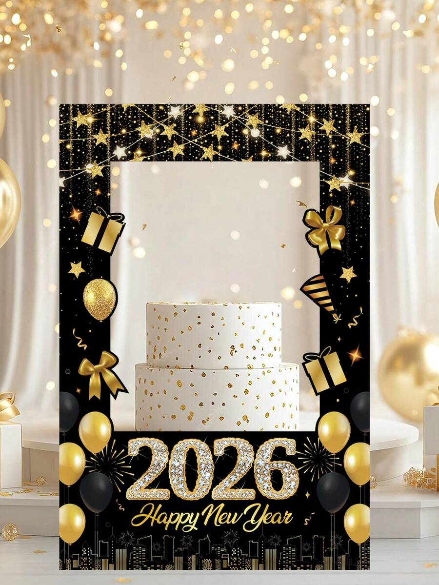 1 قطعة إطار صور ورقي أسود وذهبي لعام 2026 الجديد، ديكورات رأس السنة الجديدة مع البالونات والهدايا والألعاب النارية والنجوم، لوازم احتفالات رأس السنة الجديدة، لوازم ديكور ليلة رأس السنة الجديدة، أكسسوارات صور حفلة العطلات