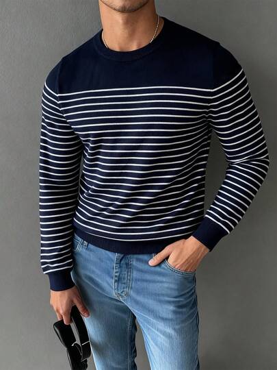 男士圆领长袖针织衫，撞色条纹套头衫，弹力罗纹针织面料，柔软舒适，易于搭配，适合日常通勤、工作和社交场合，复古富贵风格