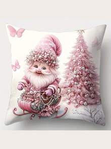 4 件套节日圣诞抱枕套，17.2 英寸 x 17.2 英寸，图案包括雪人、驯鹿、圣诞老人和小矮人，拉链式涤纶抱枕套，适用于客厅沙发装饰，现代风格，可机洗，不含枕芯，圣诞抱枕套 - 粉色 - 查看 3