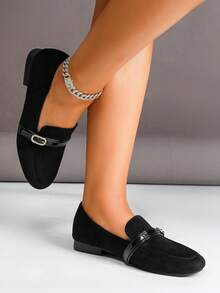 Women's Fashion Metal Buckle Round Toe Low Heel Flats - Black - View 3