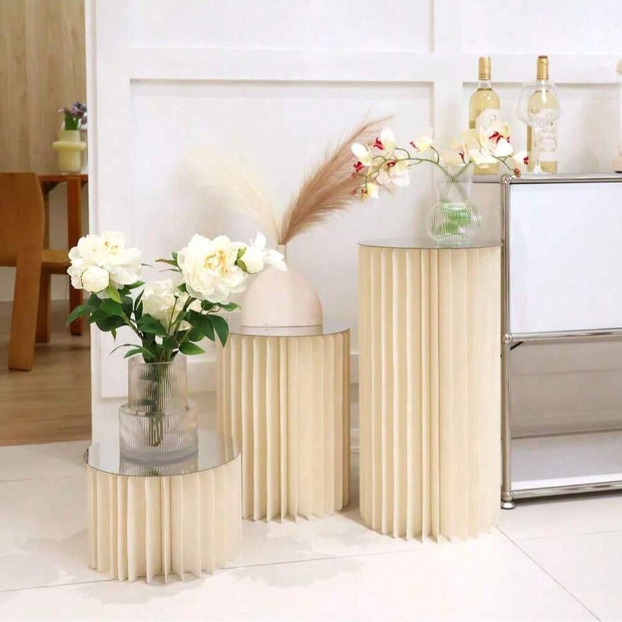 3套/优雅罗马柱纸质甜品桌 - 可折叠柱形（30*20/30*40*30*60厘米），婚礼、生日和派对展示架 - 多功能派对装饰，高密度，承重力强，蛋糕屋、甜品屋、烘焙店、车展派对装饰道具