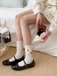 1/2 Pairs Women's Knee-High Socks, Creative Cartoon Cat Patchwork Pattern Warm Long Socks, & Versatile Short Socks, Suitable For Daily Wear - Multicolor - View 7