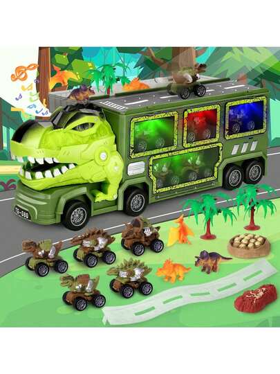 Dinosaur Transport Truck Toy For Kids 3-8 Years,With Lights & Music,8 Dinosaurs,1Transport Cars,1 Activity Play Mat,Dinosaur Eggs Ect,Suitable For Play Set For Boys Girls,Birthday Gifts,Science Education Toy,Christmas,Birthday Gifts