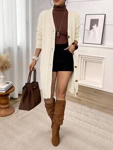 Plus Size Winter Casual Button-Up Long Knit Cardigan - Beige - View 5