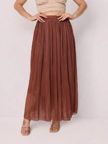Saia Longa Feminina Elegante Tule Plissado com Forro Cintura Alta Look Festa Noite - Marrom - Visão 3