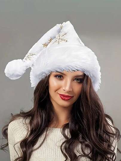白色毛绒金色刺绣圣诞帽，带有雪花设计 - 柔软的涤纶材料，非常适合节日装饰和礼品袋、派对帽、圣诞装饰、节日配饰、优雅刺绣，也是送给家人和朋友的理想节日礼物