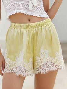 Women Satin Silk Shorts Lace Trim Patchwork Mini Micro Shorts Silky Low Rise Coquette Lounge Slip Bottoms Y2k Summer Wide Leg Lounge Shorts For Streetwear - 黃色 - 查看 4