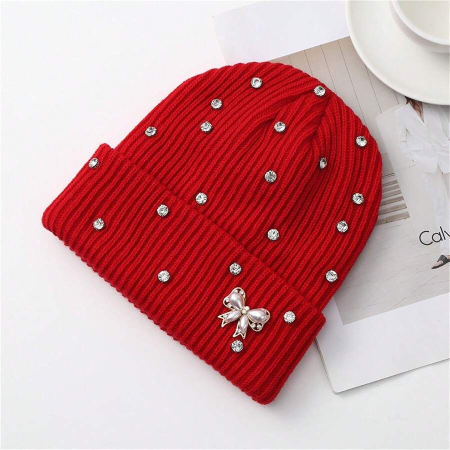 Women Knitted Hat, Bow Pearls Shiny Rhinestones Soft Crochet Hat Warm Winter Cap For Indoor Outdoor - Red - View 1