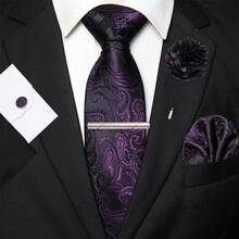 男士黑紫色佩斯利花纹领带、口袋巾、银色领带夹、袖扣和胸针组合套装（1件/2件/3件/5件），适合工作场所、商务场合、会议、婚礼、毕业典礼等各种场合，是男士生日、感恩节、圣诞节、新年等节日的绝佳礼物。 - 黑色 - 查看 1