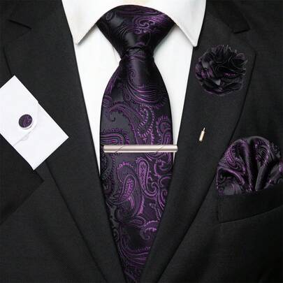 1pc/2pcs/3pcs/5pcs Men's Black & Purple Paisley Necktie, Pocket Square, Silver Tie Clip, Cufflinks And Lapel Pin Combination Set, Suitable For Workplace, Business, Meetings, Weddings, Graduations And Other Occasions, Great Gift For Men's Birthday, Thanksgiving, Christmas, New Year