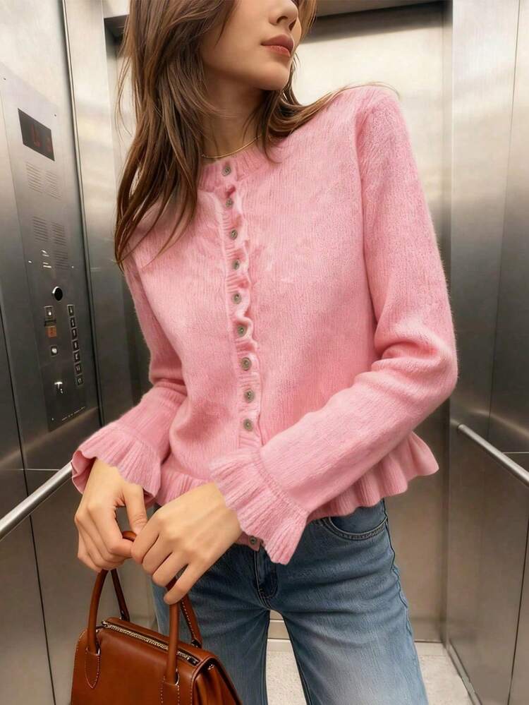 2025 New Elegant Women Round Neck Ruffle Layered Pleated Knit Sweater, Versatile Casual, Autumn/Winter, Solid Gray - Pink - View 4