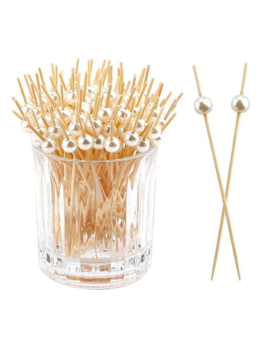 200pcs Cocktail Picks Appetizer Toothpicks Charcoal Accessories, Cocktail Picks For Beverages, Bamboo Toothpicks, Pearl Toothpicks, Suitable For Food, Fruit, Long Toothpicks - Pearl White - View 1