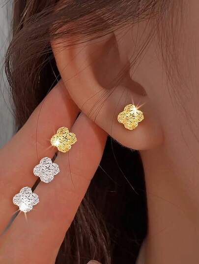 1 pieza Pendientes de botón de trébol de cuatro hojas de plata S925 "Hielo roto" - Textura martillada asimétrica, de lujo ligero, joyería de regalo de gran para mujeres