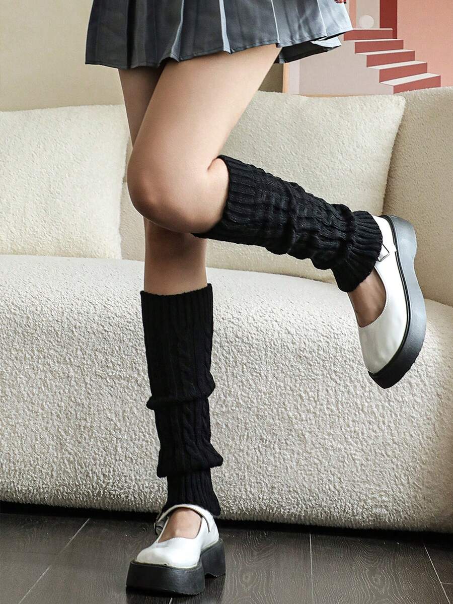 1 par de calentadores de piernas de punto de cable de unicolor para mujer, para otoño/invierno
