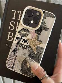 1pc White Matte Textured Personalized Lips & English Text Girl Puzzle Pattern Phone Case, Suitable For Phone 17/16 Pro Max, 15, 14 Plus, 13, 12, 11 - 白色 - 查看 4