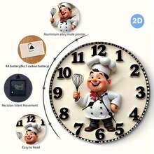 Happy Chef Wall Clock - Wooden Silent No Ticking, Fun Chef Design, Large Black Numbers With Beige Background, Suitable Kitchen, Living Room, Bedroom, Office Decoration - Valentine's Day (Batteries Not Included), Easy-To-Read Digital Wall Clock - 黑色 - 查看 5