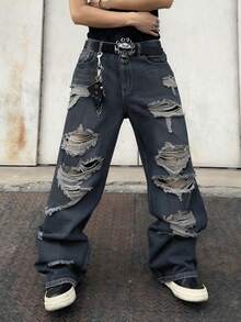 1 chiếc quần jeans ống rộng rách rưới dành cho nam, kiểu dáng vintage Mỹ, phong cách đường phố, dáng rộng thoải mái (Sản phẩm không bao gồm thắt lưng và phụ kiện) - Màu xanh bụi bặm - Xem 2