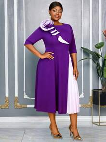 AOMEI Elegant A Line Midi Dresses With 3D Floral And Color Block Pleated Detail Perfect For Weddings Church And Formal Daytime Events Outfit For Date,Party,Wedding Dress,Bridesmaid Dress,Graduation Dress,Wedding Guest Fall Women Clothes,