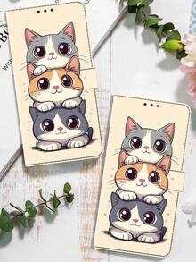 GLANDOTU PU皮革钱包式手机壳，可爱猫咪压纹图案，磁吸式闭合，支架功能，卡槽设计，适用于三星Galaxy、苹果、红米等设备。 - 彩色 - 查看 6