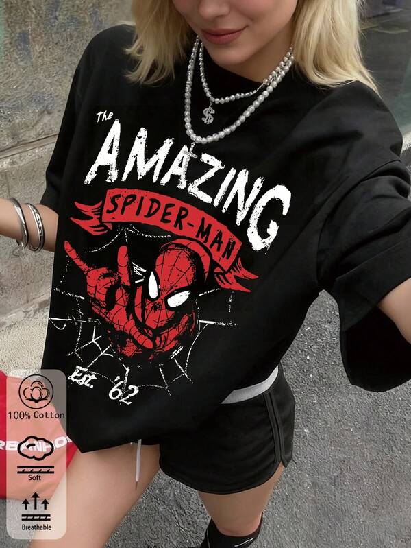 Marvel Bawełniana damska koszulka z fajnym nadrukiem Spider-Mana, nowy sportowy strój na wiosnę/lato w stylu uniwersyteckim, modna, miękka i przewiewna koszulka z krótkim rękawem.