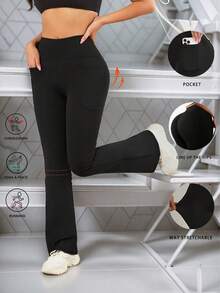 High Waist Flared Yoga Pants With Pockets, Slim Fit Tummy Control Loose Wide Leg Dance Trousers For Women - Black - View 3