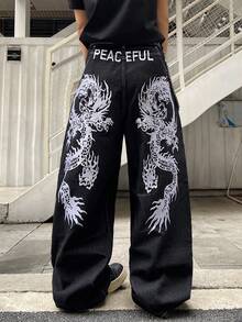 Justice Brother 1pc American Streetwear Brand Personalized Embroidered Men's Black Denim Jeans, All-Season Versatile Wide Leg Loose Long Pants (Belt/Accessories Not Included) - Black - View 4