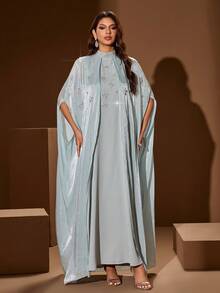 Women's Stand Collar Solid Color 2 In 1 Splice Open Front Sparkling Material Embellished With Rhinestones And Faux Pearls Elegant Maxi Arabic Style Dress, Suitable For Banquet, Daily Wear And Other Occasions Spring - Mint Green - View 5