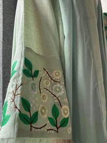 一件式时尚简约均码女式纯色中东服饰长裙时尚优雅开衫花卉袖口刺绣连衣裙长袍适合日常节日穿着 - 綠色 - 查看 5