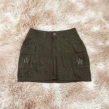 Women's Cargo Skirt With Star Rhinestone Shine - 橄欖綠 - 查看 2