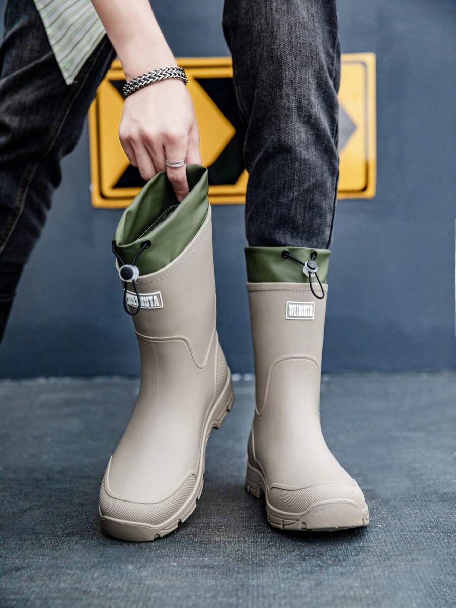 时尚防水雨靴，男女通用抽绳中筒送货骑手工作靴，厚底，防滑 - 灰色 - 查看 1