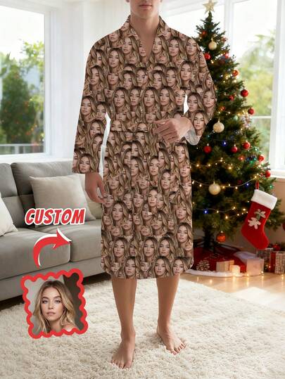 Customized Men's Bathrobe With Belt, Can Print Funny Face Photos, Pet Portraits, Lightweight Sleepwear, Machine Washable For All Seasons, Personalized Portrait Of Face Or Pet, Ideal Gift For Family, Friends, Anniversary, Birthday, Bedroom