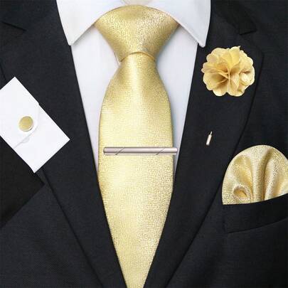 1pc/2pcs/3pcs/5pcs Men's Gold Floral Necktie, Pocket Square, Silver Tie Clip, Cufflinks And Lapel Pin Combination Set, Suitable For Workplace, Business, Meetings, Weddings, Graduations And Other Occasions, Great Gift For Men's Birthday, Thanksgiving, Christmas, New Year