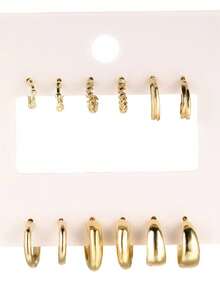 6Pcs Plated 18K Gold-Tone Assorted Hoop Earring Set For Women: Classic & Chic Design With Multiple Sizes (Small Mini, Medium, Large), Lightweight & Comfortable For All-Day Wear, Versatile Accessory Ideal For Daily Outfits, Office Attire, Date Nights, Cocktail Parties, Wedding Receptions, Holiday Gatherings, Brunch With Friends, Weekend Getaways & Gifting To Jewelry-Loving Individuals, Professional Women, Fashion Enthusiasts, Special Occasion Celebrants & Minimalist Style Lovers - 金色 - 查看 9