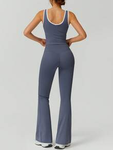 NcmRyu 1 Set Women's High Elasticity Contrast Color V-Neck Slim Waist Tank Top And Pants Sports Suit Summer - 霧霾藍 - 查看 4