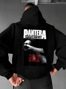 Men'S Black Hoodie With White & Red "PANTERA COBRA SILENCE" Graphic Print - Casual Pullover Sweatshirt, Regular Fit, Front Pockets, Autumn/Winter Fashion, Durable & Comfortable For Outdoor & Casual Attire, Autumn Winter Apparel, Cowboythemed Apparel, Comfortable Clothing,Fall Hoodies,Men's Fall Clothes,Street Wear,Halloween,Mens Hoodies,Y2k Clothes,Jesus Hoodie,Thanksgiving Day,Nightmare Before Christmas,Christmas - 黑色 - 查看 1