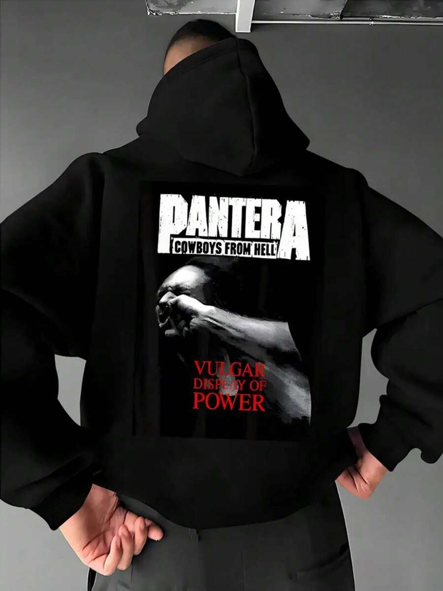 Men'S Black Hoodie With White & Red "PANTERA COBRA SILENCE" Graphic Print - Casual Pullover Sweatshirt, Regular Fit, Front Pockets, Autumn/Winter Fashion, Durable & Comfortable For Outdoor & Casual Attire, Autumn Winter Apparel, Cowboythemed Apparel, Comfortable Clothing,Fall Hoodies,Men's Fall Clothes,Street Wear,Halloween,Mens Hoodies,Y2k Clothes,Jesus Hoodie,Thanksgiving Day,Nightmare Before Christmas,Christmas - 黑色 - 查看 1