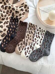 1/5 Pairs Women Leopard Print Mid-Calf Socks, Breathable, Warm, Long, Casual, Sports, Socks, Soft & Comfortable, Cute, Stylish, Suitable For Autumn/Winter Daily, Office, Home, Commute, Holiday Outfits - Multicolor - View 3