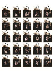 26字母印花手提袋，多功能便携印花手提袋，大容量耐用轻便手提袋，亚麻花卉图案字母印花手提袋 - 彩色 - 查看 6