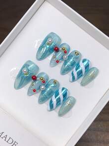 10 Pieces Of Pure Hand-Painted Wearable Nails With Almond Nail Shape, High-Quality Temperament Simple Design Nails, Full Coverage Fake Nails, Press On Nail - Multicolor - View 4