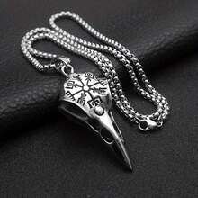 Plated 925 Silver Chain Pendant, Odin's Rune Amulet, Men's Punk Style Crow Skull Pendant Necklace, Viking Jewelry - 白色 - 查看 2
