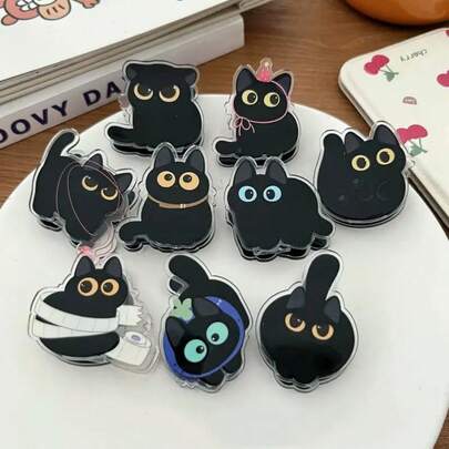 8 pièces Ensemble de pinces mignons de chats noirs de bande dessinée - Pour la fixation quotidienne de papiers et la fermeture de sacs, convient aux amateurs d'animaux de compagnie et aux étudiants/adolescents