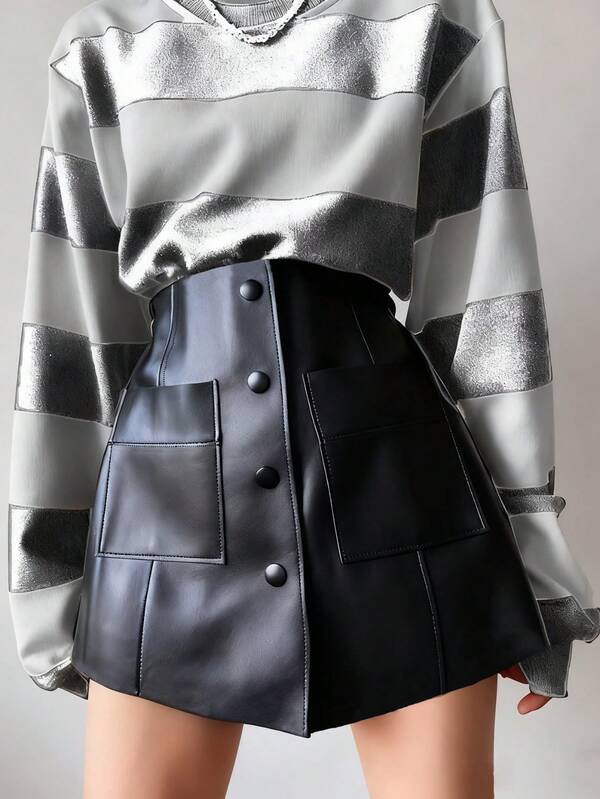 Women's Fashion Front Button Dual Pocket PU Leather Mini Skirt, Spring/Summer