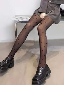 1 Pair Women's Comfortable Heart Pattern Thermal Leggings - Soft Stretchy Blend Tights, Perfect For Autumn/Winter Seasons