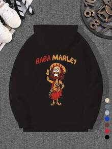 Sudadera con capucha de hombre casual con estampado de dibujos animados de Bob Marley - Moda de otoño e invierno, ajuste regular, tejido de punto con ligera elasticidad,% poliéster, top de manga larga con capucha - Negro - Ver 7