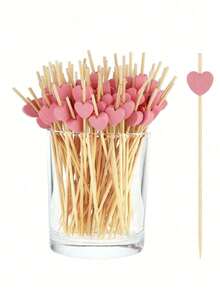 200/100/50/10pcs, 12cm Heart-Shaped Bamboo Skewers For Cupcakes, Fruit, Desserts, Salads, Cocktails, Wedding Decoration, Pink Heart-Shaped Cocktail Sticks, Sandwich & Appetizer Bamboo Toothpicks, Summer Party Supplies - Pink - View 4