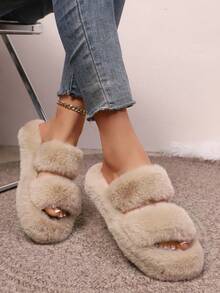 Damskie, klasyczne, okrągłe, wsuwane kapcie w dużych rozmiarach, wygodne i uniwersalne, pluszowa podszewka z dwoma paskami, ciepłe i miękkie, łatwe w zakładaniu, gruba podeszwa, idealne do noszenia w domu, na wakacje, na co dzień, proste i eleganckie, zwiększają wzrost, beżowe, pluszowe, płaskie kapcie z odkrytymi palcami, puszyste kapcie - Kolor khaki - Zobacz 4