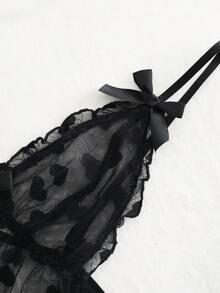 2pcs Women's Heart Mesh Sheer Crotchless Sexy Lingerie Set, Ruffled Hem Semi-See-Through Sleepwear Nightwear, Tempting Intimate Outfit - Black - View 9