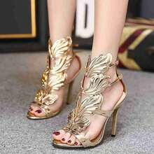 2025 Summer European And American Celebrity Style Luxury Metal Wings Decoration Leather Upper Open Toe Stiletto High Heel Sandals For Women